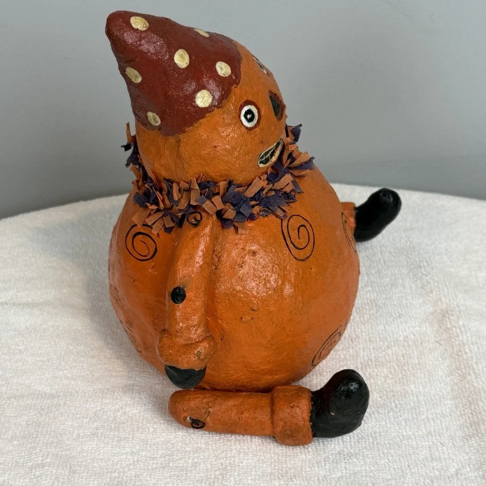 Primitive Folk Art Paper Mache Pumpkin Halloween Shelf Sitter Figure Retro